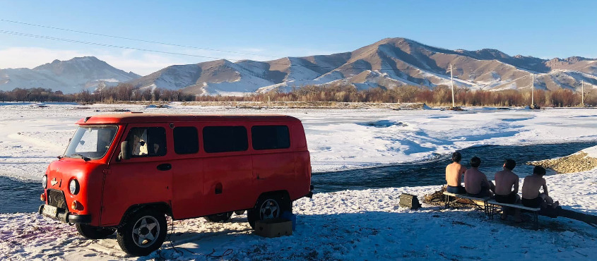 Red Mobile Sauna in Mongolia